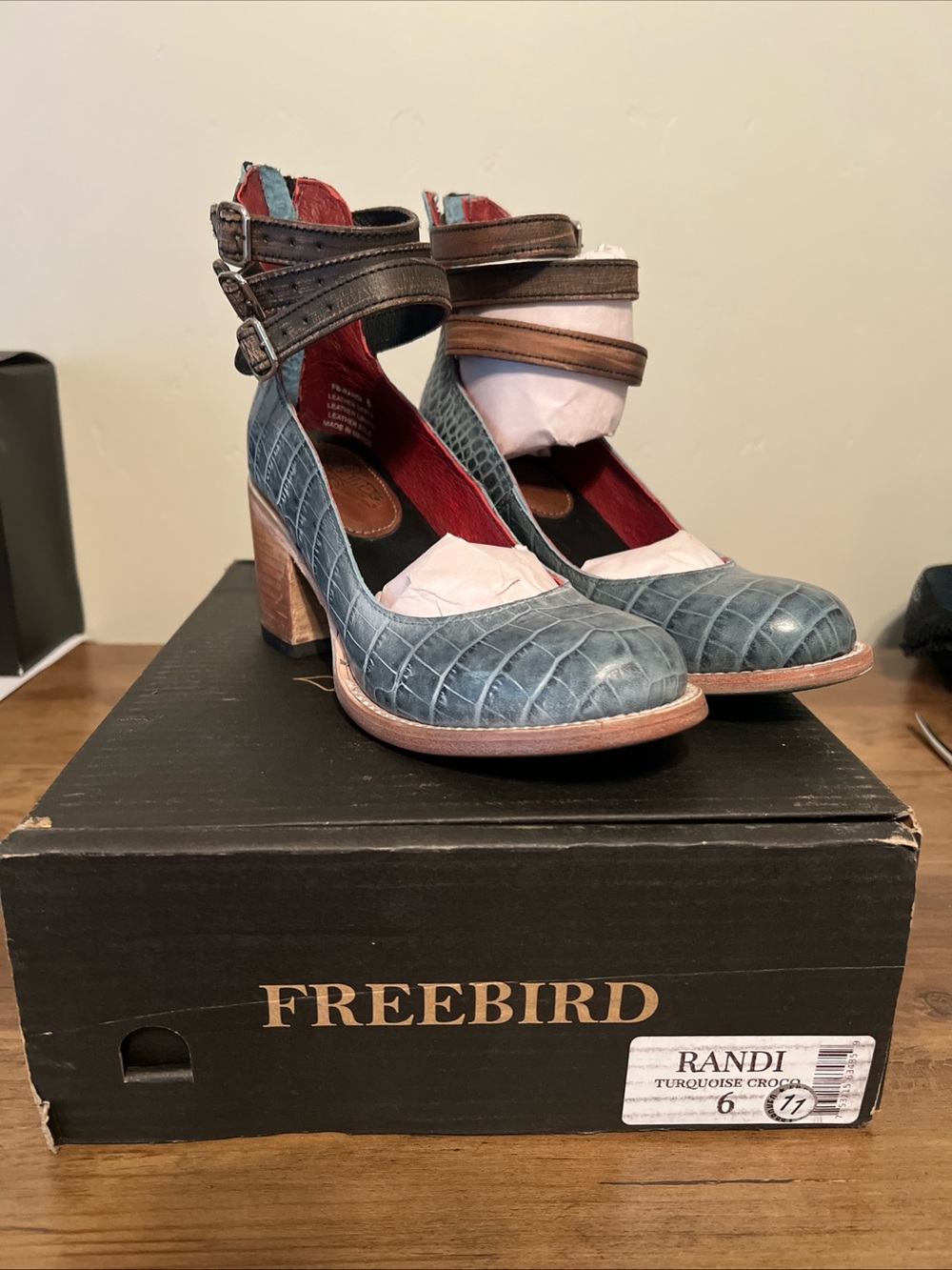 Freebird Randi Turquoise Croco Leather Ankle-Strap Heels